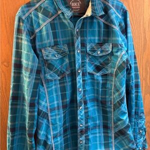 BKE Teal and Navy Plaid Western Shirt